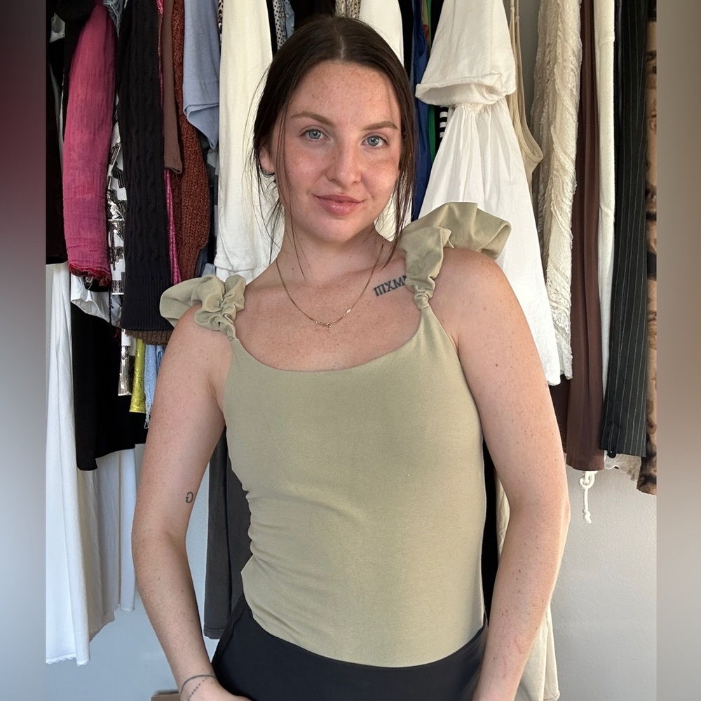 Express Sage Green Ruched Strap Bodysuit | Size M